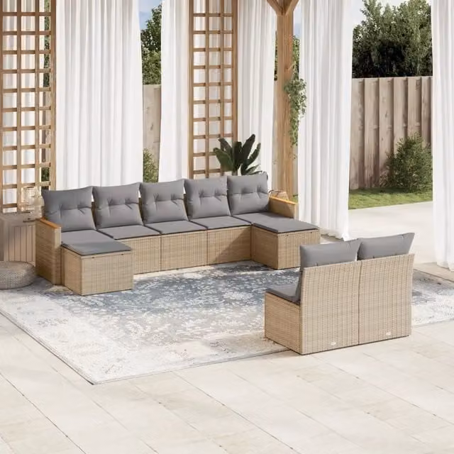 vidaXL Set Divano da Giardino a L in Polyrattan con Cuscini Beige e Grigio, 9 Pezzi – 1