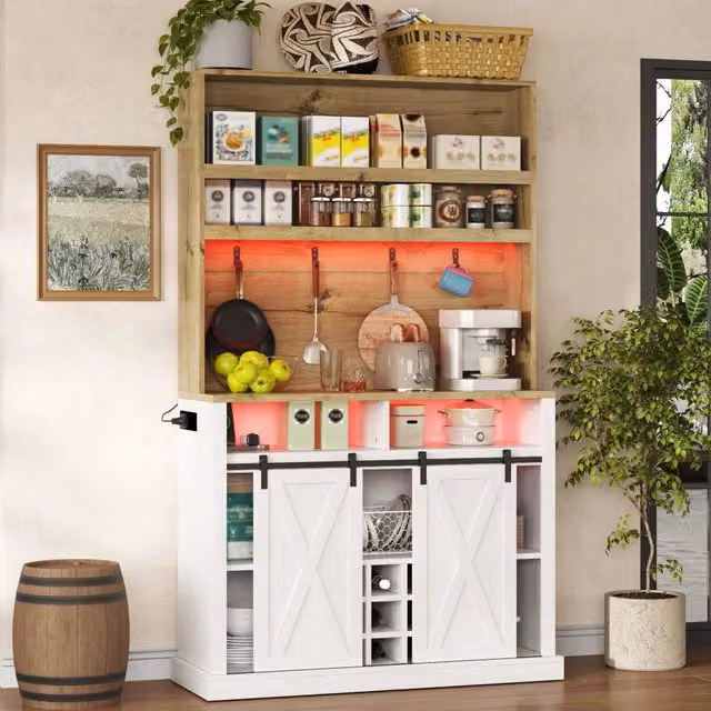 Credenza alta OKWISH in MDF bianco opaco con illuminazione LED e porte scorrevoli per cucina e sala da pranzo, L: 110 cm, P: 40 cm, H: 191 cm – 1