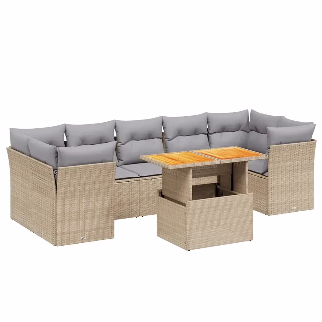 vidaXL Set Divano da Giardino a L 8 pz con Cuscini Beige e Tavolino, Design Moderno in Polyrattan e Legno di Acacia – 2