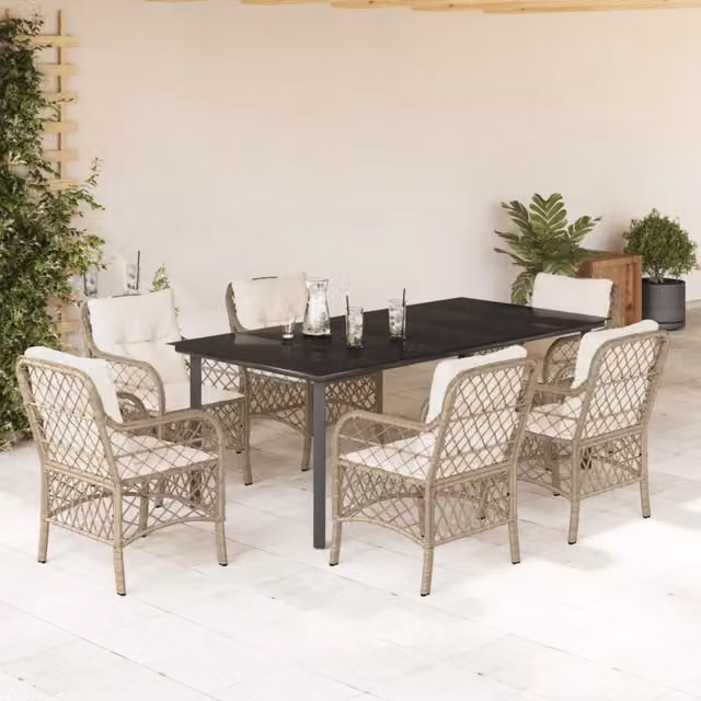 Set da pranzo da giardino vidaXL in polyrattan con cuscini beige e tavolo in vetro, 7 pezzi – 1
