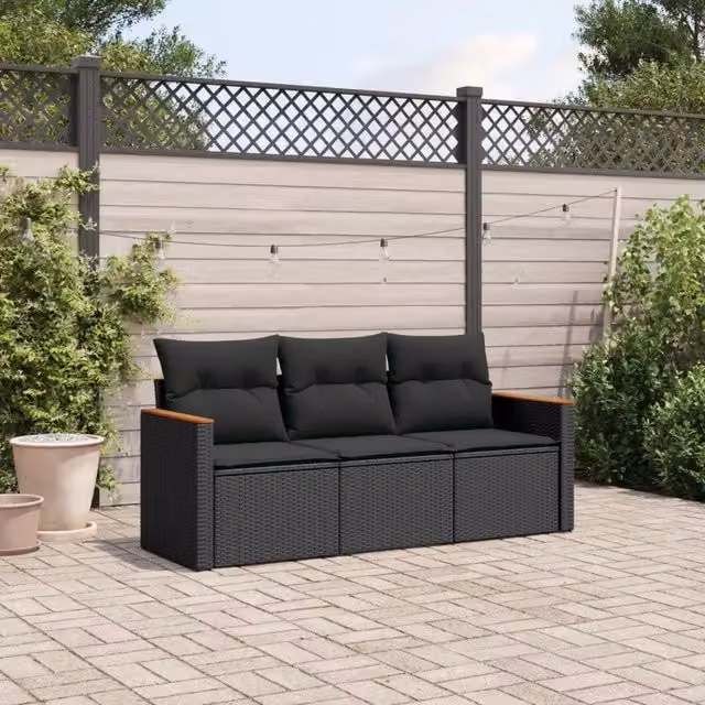 Set Divani da Giardino 3 pz con Cuscini in Polyrattan Nero 3258156