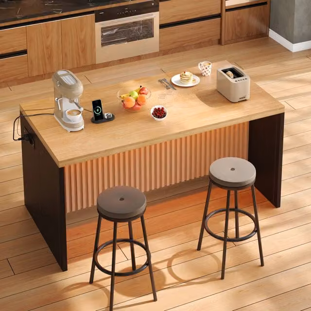 Isola cucina industriale effetto legno e nero 155x80x90 cm; MDF; LED; 2 prese; 2 porte USB e piano da 40 mm