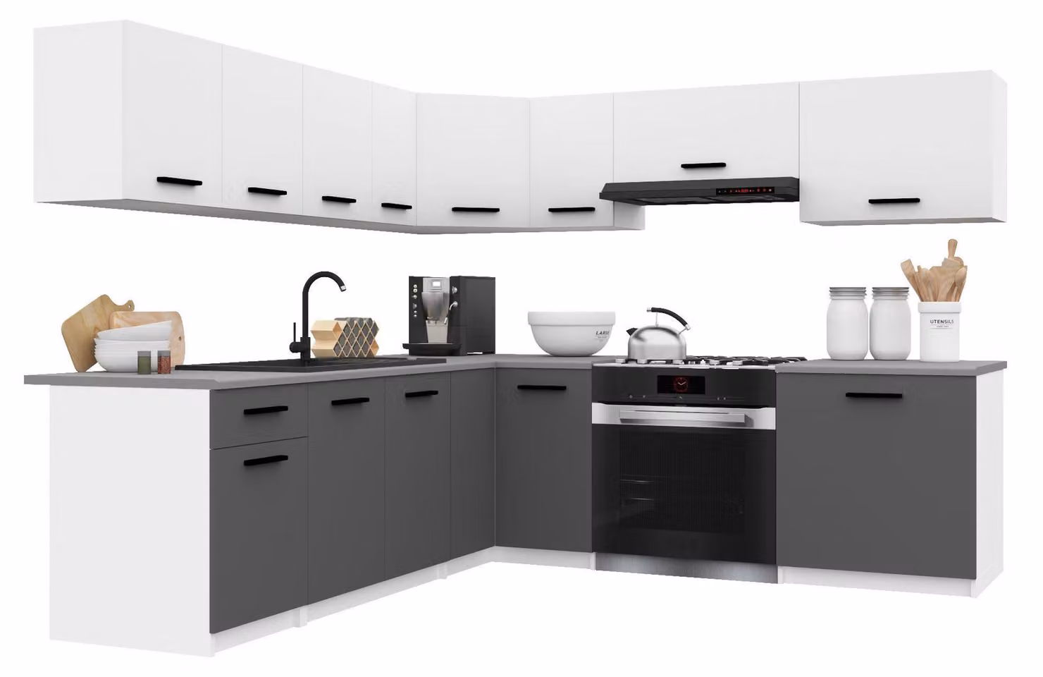 Belini - Angolo cottura moderno ITALIA 7 - Mobili da cucina 420 cm bianco-grigio opaco - Cucina componibile con pensili, mobili base e piani di lavoro