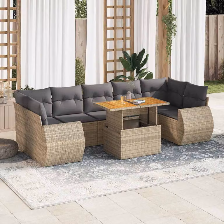Set Divano da Giardino vidaXL 8 pz in Polyrattan Beige con Cuscini e Tavolino da Caffè