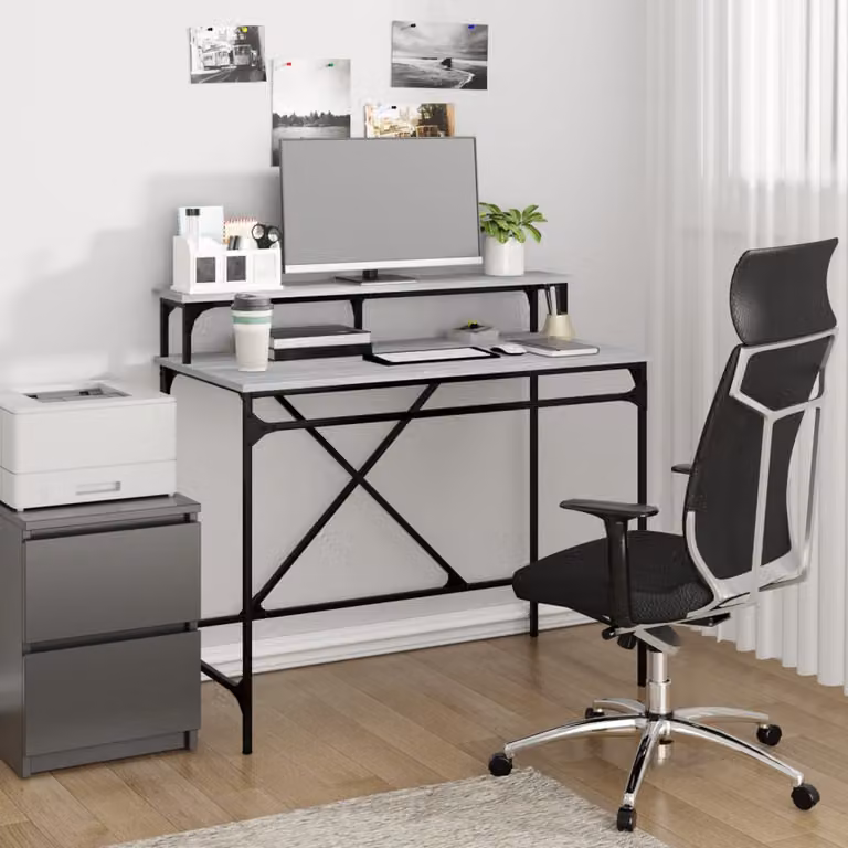 Scrivania da ufficio vidaXL in stile industriale, colore grigio, realizzata in legno e metallo, L: 100 cm, P: 50 cm, H: 90 cm