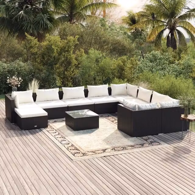 Set di Divani da Giardino vidaXL a Forma di U composto da 11 Pezzi con Cuscini e Tavolino, Colore Nero e Beige