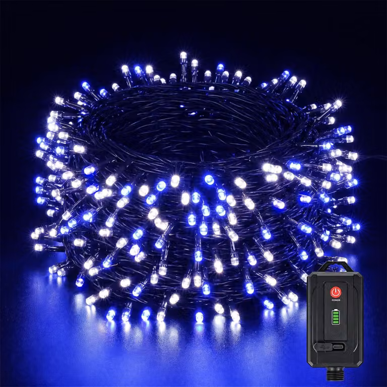 Catena luminosa LED da 40 metri, con 300 LED, alimentazione a batteria, colore blu e bianco, timer integrato, grado di protezione IP44
