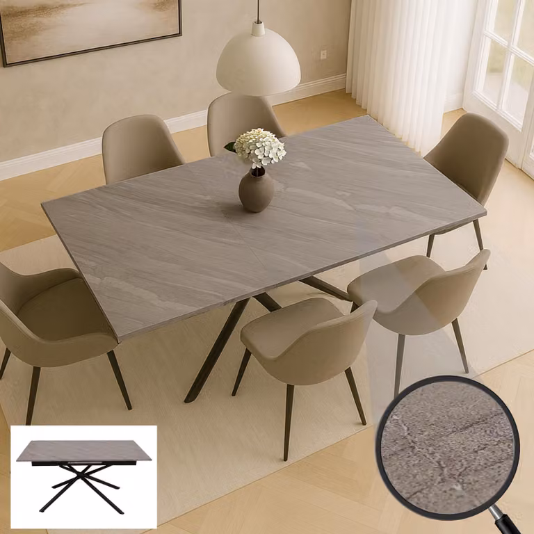 Tavolo da pranzo MCW-O57, tavolo allungabile, in ferro e MDF, allungabile da 160 a 200 x 90 cm ~ effetto marmo grigio