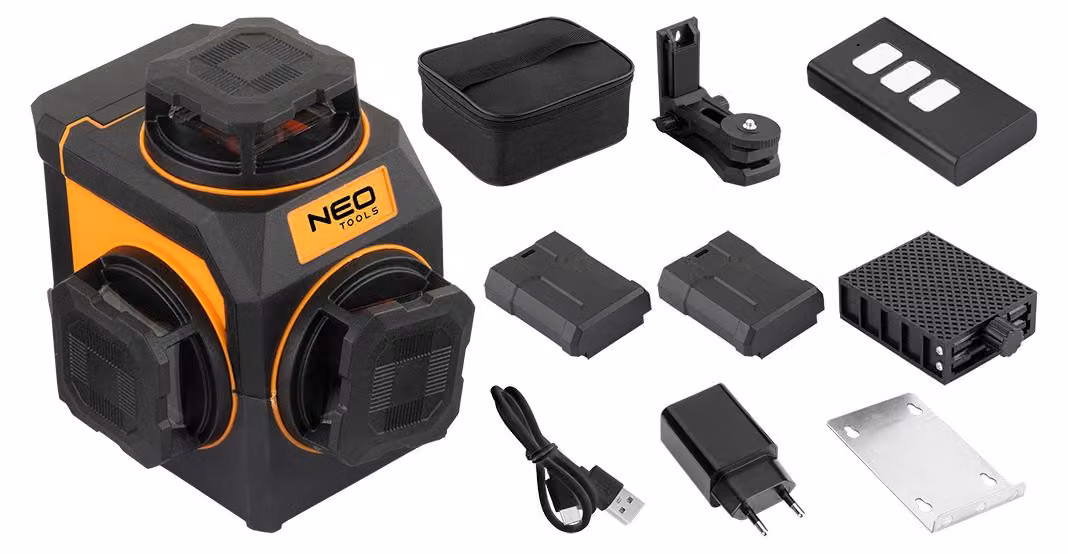 NEO TOOLS: Livella laser a croce 3D, linea verde, 12 linee, portata 30 metri, grado di protezione IP54, con 2 batterie e custodia