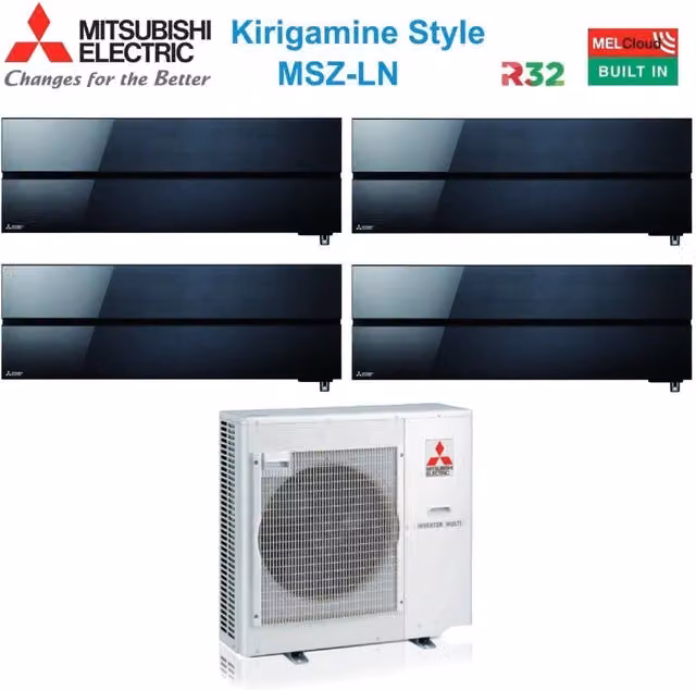 Climatizzatore Condizionatore Mitsubishi Electric Quadri Split Inverter serie Kirigamine Style MSZ-LN 9+9+9+12 con MXZ-4F80VF Onyx Black R-32 con Wi-Fi Integrato Colore Nero