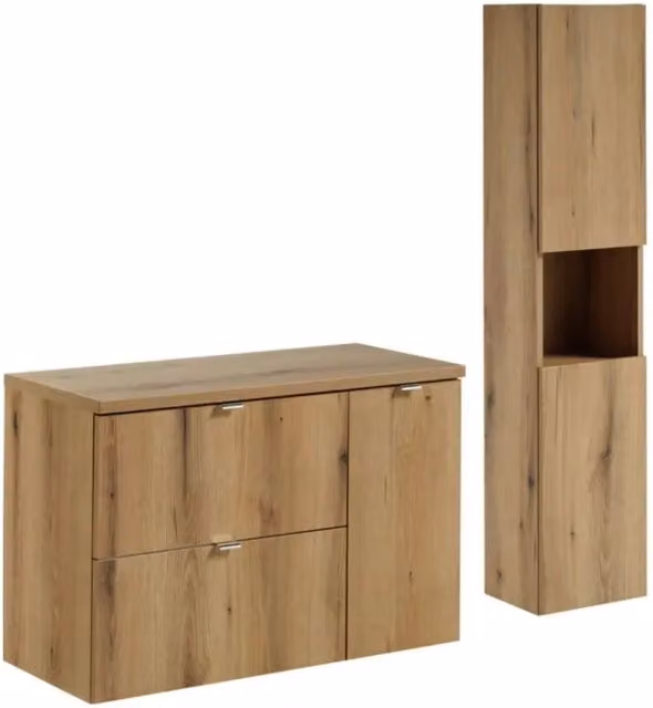 Set da bagno VANO finitura quercia 120cm: mobile sottolavabo con cassetti e armadietti + piano per lavabo + colonna