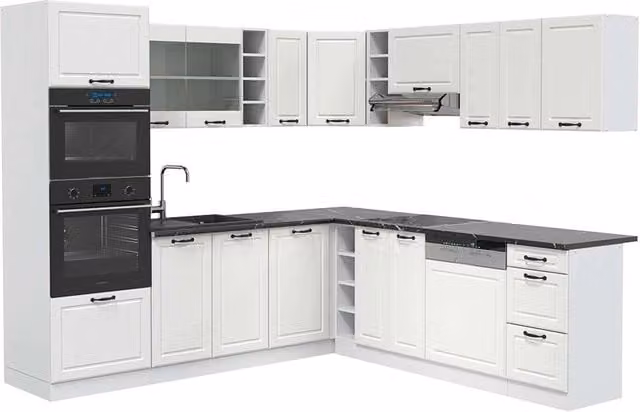 Cucina angolare completa R-Line Vicco Bianco rustico con piano Antracite, L: 247 cm, P: 237 cm