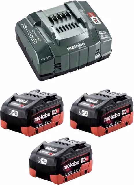 Power Set Metabo Verde con 3 Batterie 18V 5,5 Ah LiHD e Caricabatterie ASC 145