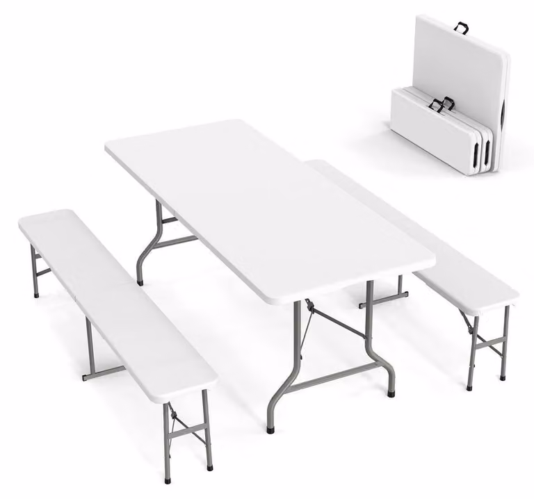 Set da birreria pieghevole, 3 pezzi, in plastica bianca, dimensioni 183x76x74 cm, con borsa per il trasporto