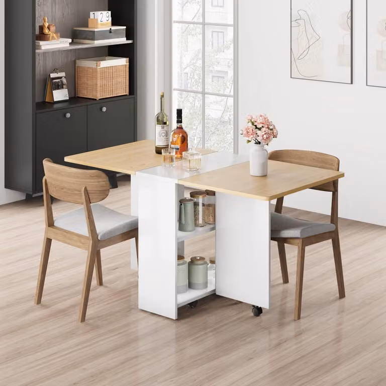 Tavolo pieghevole allungabile con spazio di stoccaggio a 2 livelli, forma rettangolare, colore legno naturale