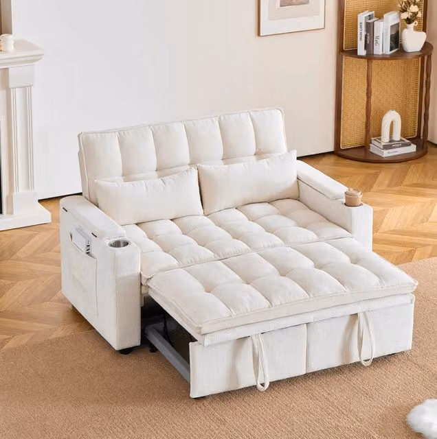 Divano Letto 3 in 1 in Ciniglia 142 cm; Reclinabile con Contenitori e Portabevande; Beige; per Soggiorno