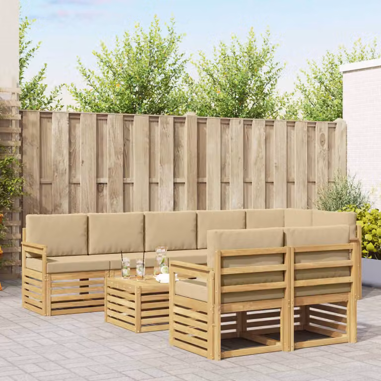 vidaXL Set di divani da esterno a forma di U composto da 9 pezzi con tavolino da caffè, in legno di acacia e tessuto bianco, beige e marrone
