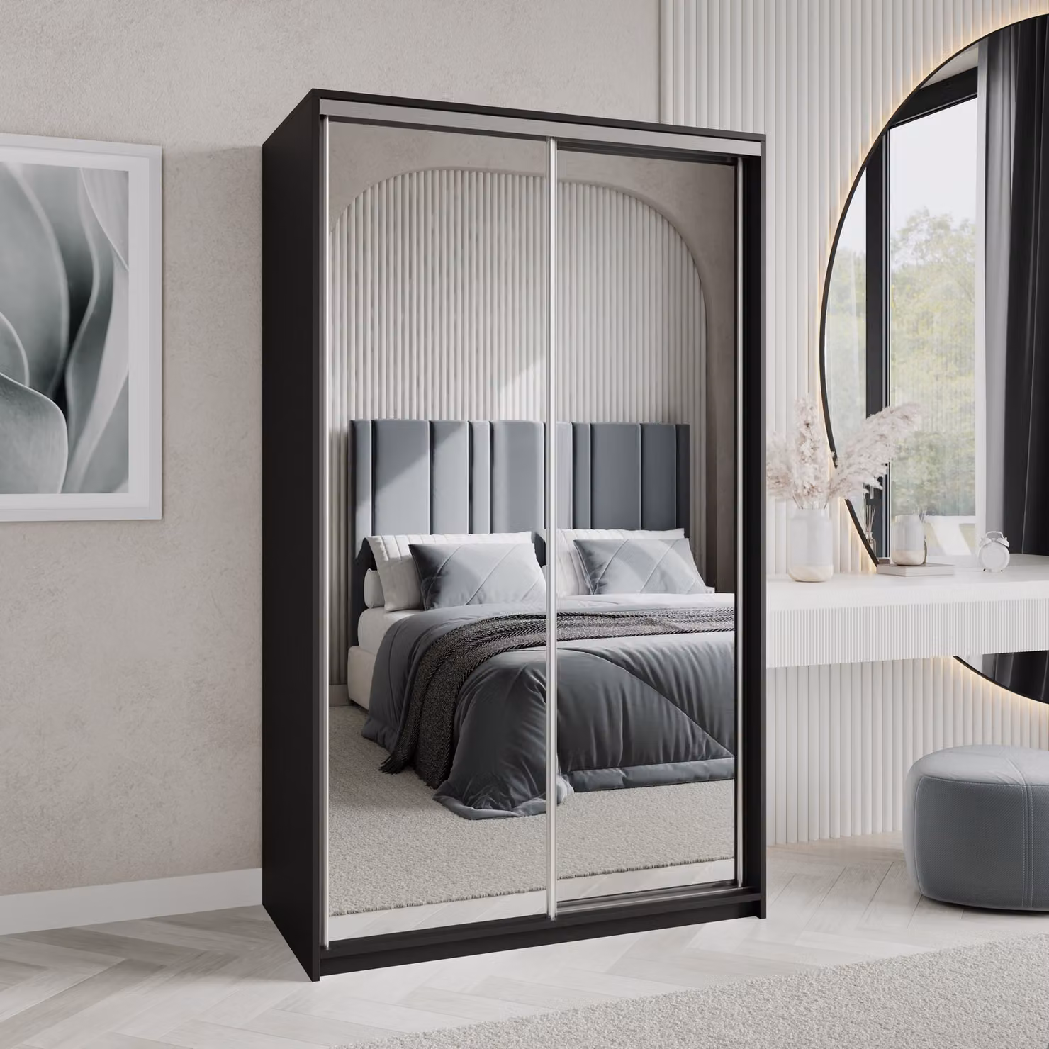 Armadio scorrevole Masseno RIEN 120/205/60 cm Armadio con cassetti Armadio per camera da letto a 2 ante con specchio Nero + raso