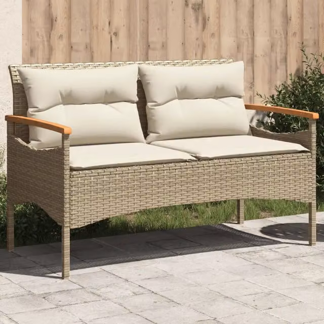 Panchina da giardino moderna vidaXL in rattan e legno di acacia con cuscini beige, L: 116 cm, P: 62,5 cm, H: 74 cm – 1