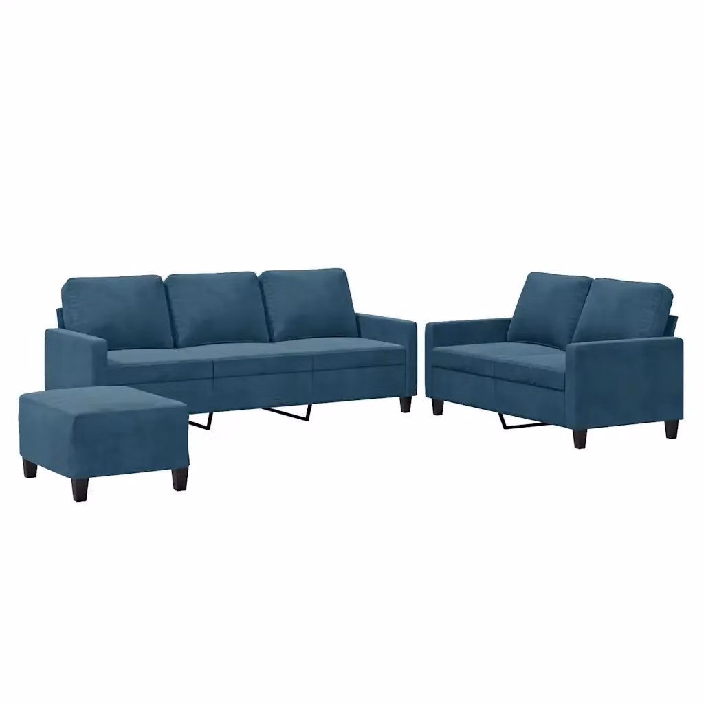 Set di divani vidaXL in velluto blu con pouf e cuscini per soggiorno – 2