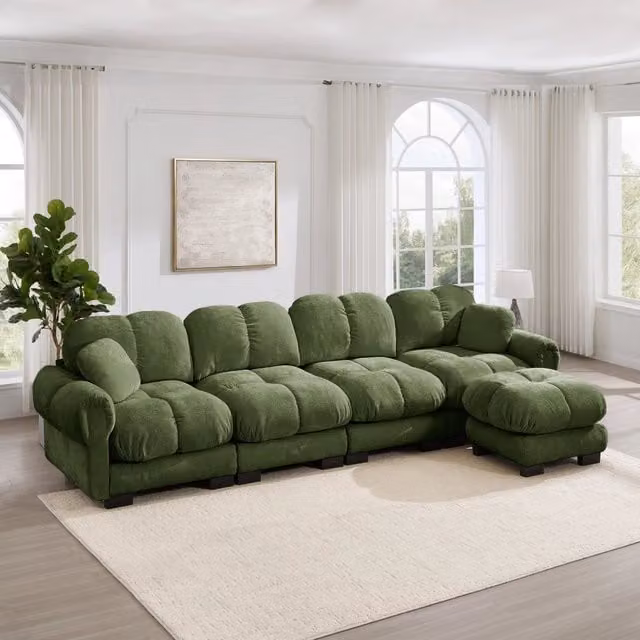 Divano angolare modulare 330x149x90 cm con pouf mobile in ciniglia verde