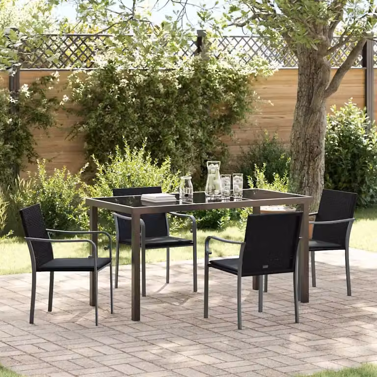 Set da pranzo per giardino vidaXL in rattan nero e grigio composto da 5 pezzi con tavolo quadrato L: 140 cm, P: 70 cm, H: 73 cm e 4 sedie