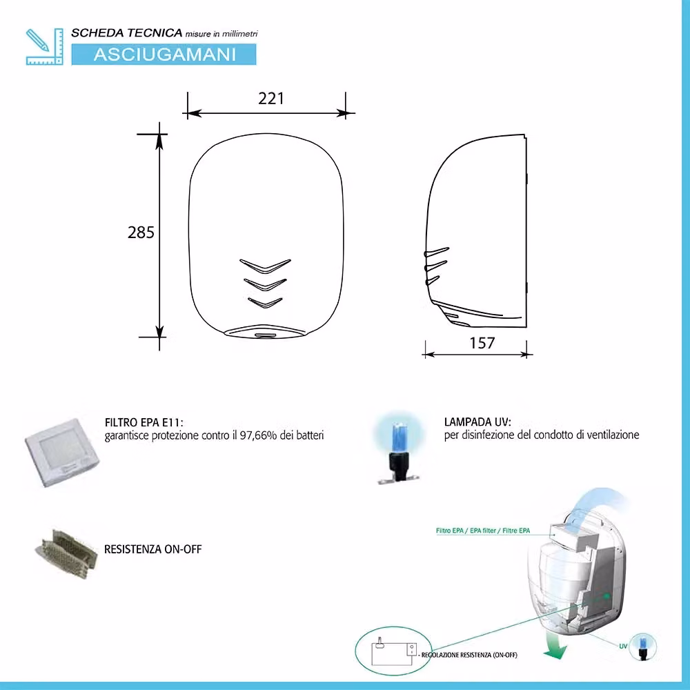 Asciugamani elettrico con sensore fotocellula 1100W ultra veloce in acciaio inossidabile nero L/P/H: 28,5 x 22,1 x 15,7 cm – 2