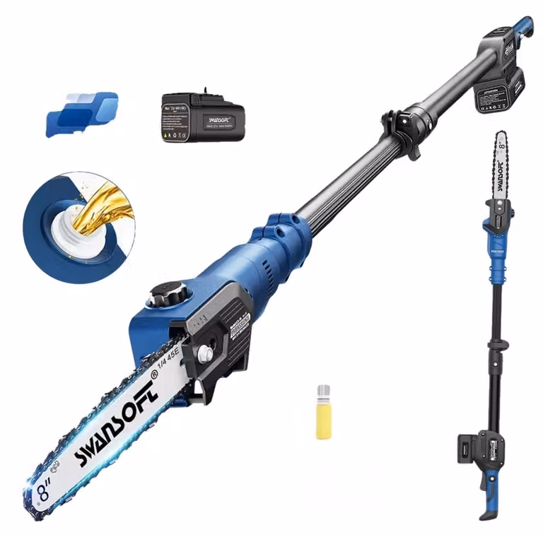 Troncatrice a catena telescopica, motore potente, funzionamento senza fili, colore blu, dotata di due batterie, ideale per il taglio di rami e tronchi