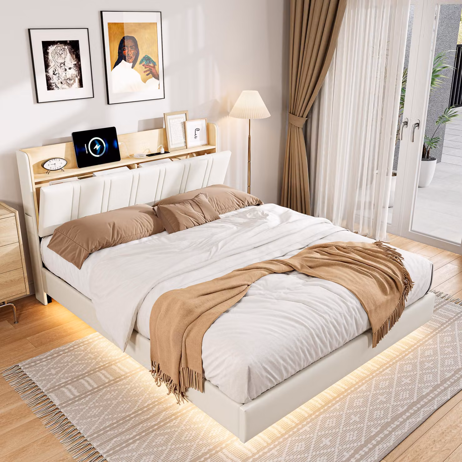 ProximaX Letto moderno galleggiante 160x200 cm con illuminazione a LED, connessione USB e spazio di archiviazione nella testata - Letto matrimoniale in Finto cuoio bianca con design galleggiante