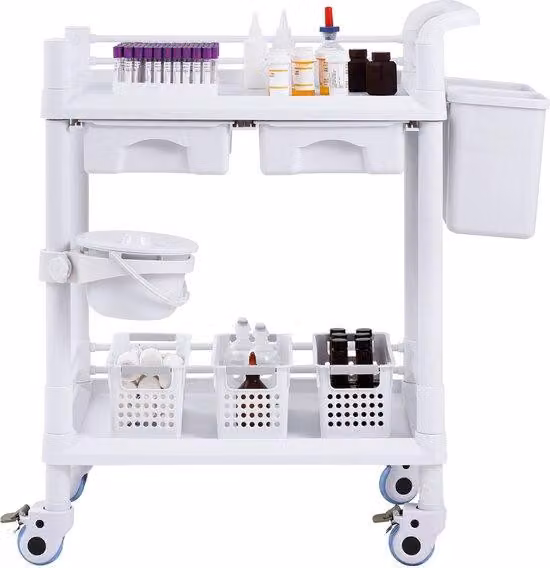 Carrello da laboratorio, a 2 ripiani, carrello multifunzionale con 2 sportelli e 4 guide scorrevoli, carrello medico mobile realizzato in materiale PP, con struttura a 3 gambe, adatto per laboratori, cliniche, colore bianco