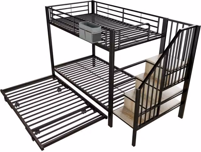 Letto a castello con struttura in ferro, 90x200 cm, letto estraibile 180x200 cm, scaletta con contenitori, senza materasso, nero