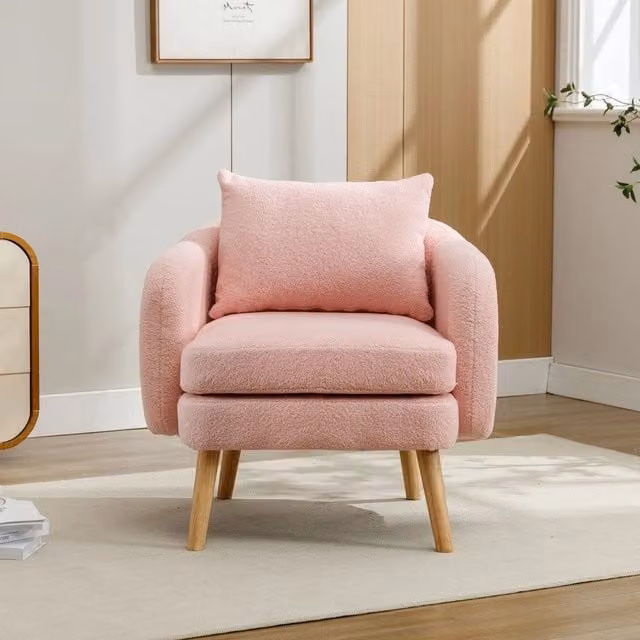 Poltrona Minimal in velluto rosa con cuscino e gambe in legno massello – 1