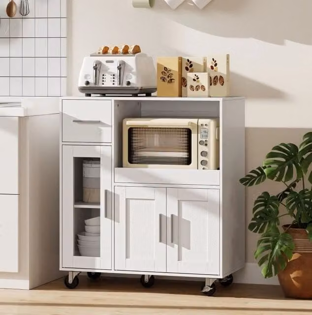 Mobile da cucina su ruote bianco con cassetto, nicchie, ripiano regolabile