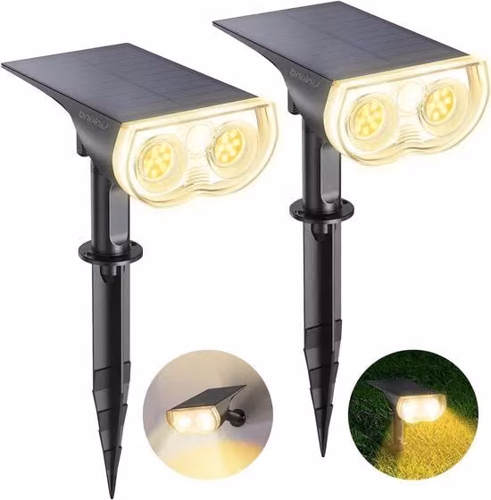 Set da 2 lampade solari LED con luce bianca calda, impermeabili IP65, ideali per giardino e terrazzo, colore nero con picchetto da terra