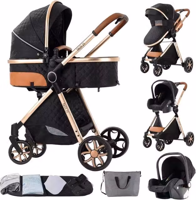 Passeggino Trio 3 in 1 con Carrozzina, Seggiolino e Ovetto, Pieghevole con Sospensioni e Struttura in Metallo – 1