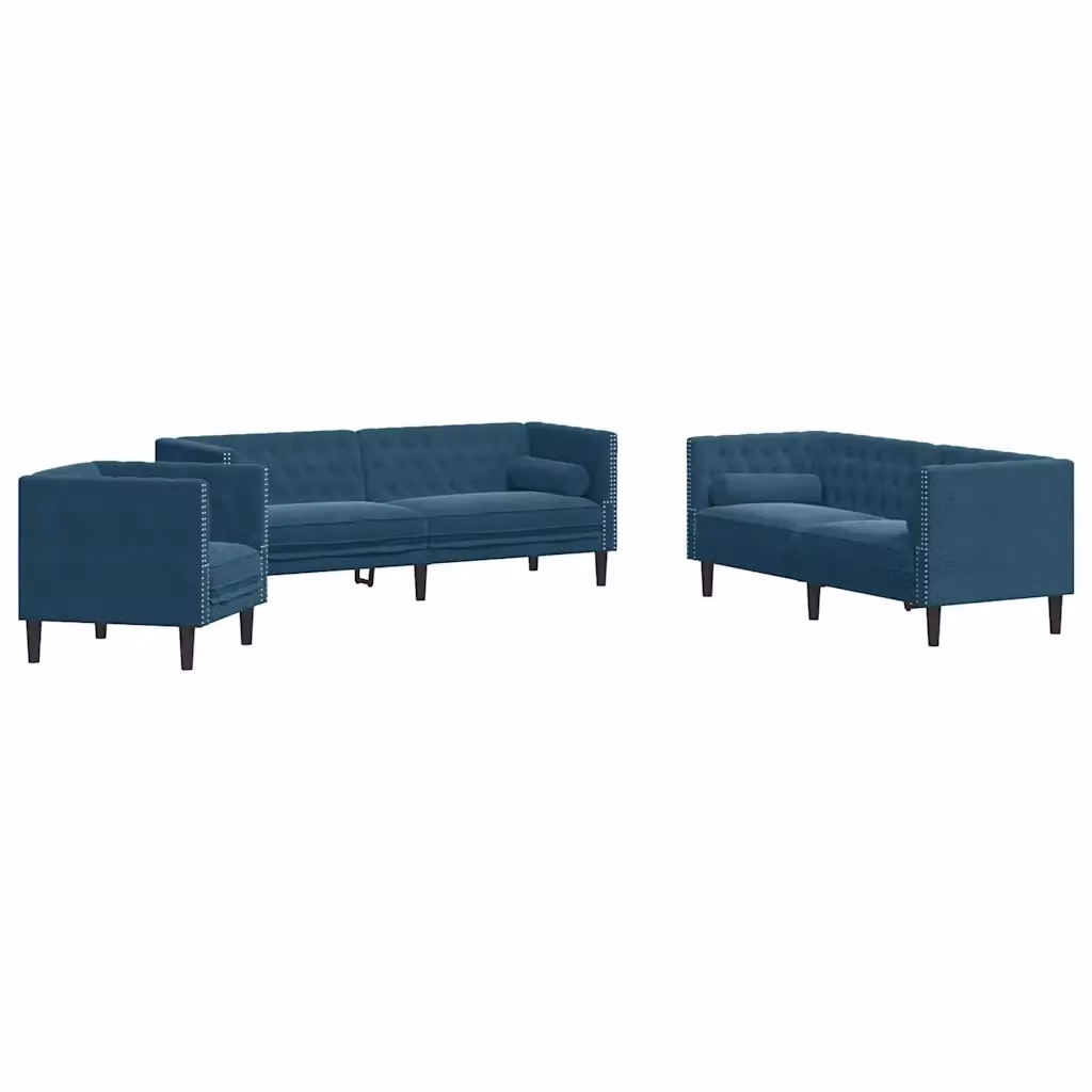 Set di Divani Chesterfield vidaXL in Velluto Blu con Cuscini, Composto da un Divano a 3 Posti e un Divano a 2 Posti con Struttura in Legno Solido – 2