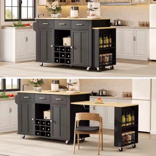 Isola cucina mobile con piano estraibile; MDF nero e legno naturale; 136-223 x 50 x 93 cm; 7 ruote