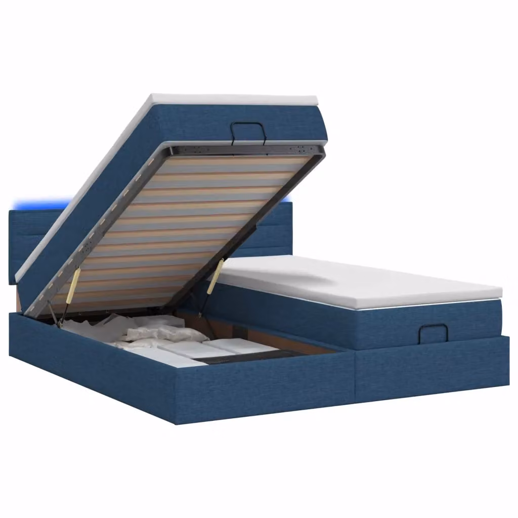 Letto Ottomano con Materasso Ibrido vidaXL, Colore Blu e Bianco, con Illuminazione LED Sotto il Letto e Porte di Ricarica USB, L/P/H: 200 x 200 x 88 cm – 2