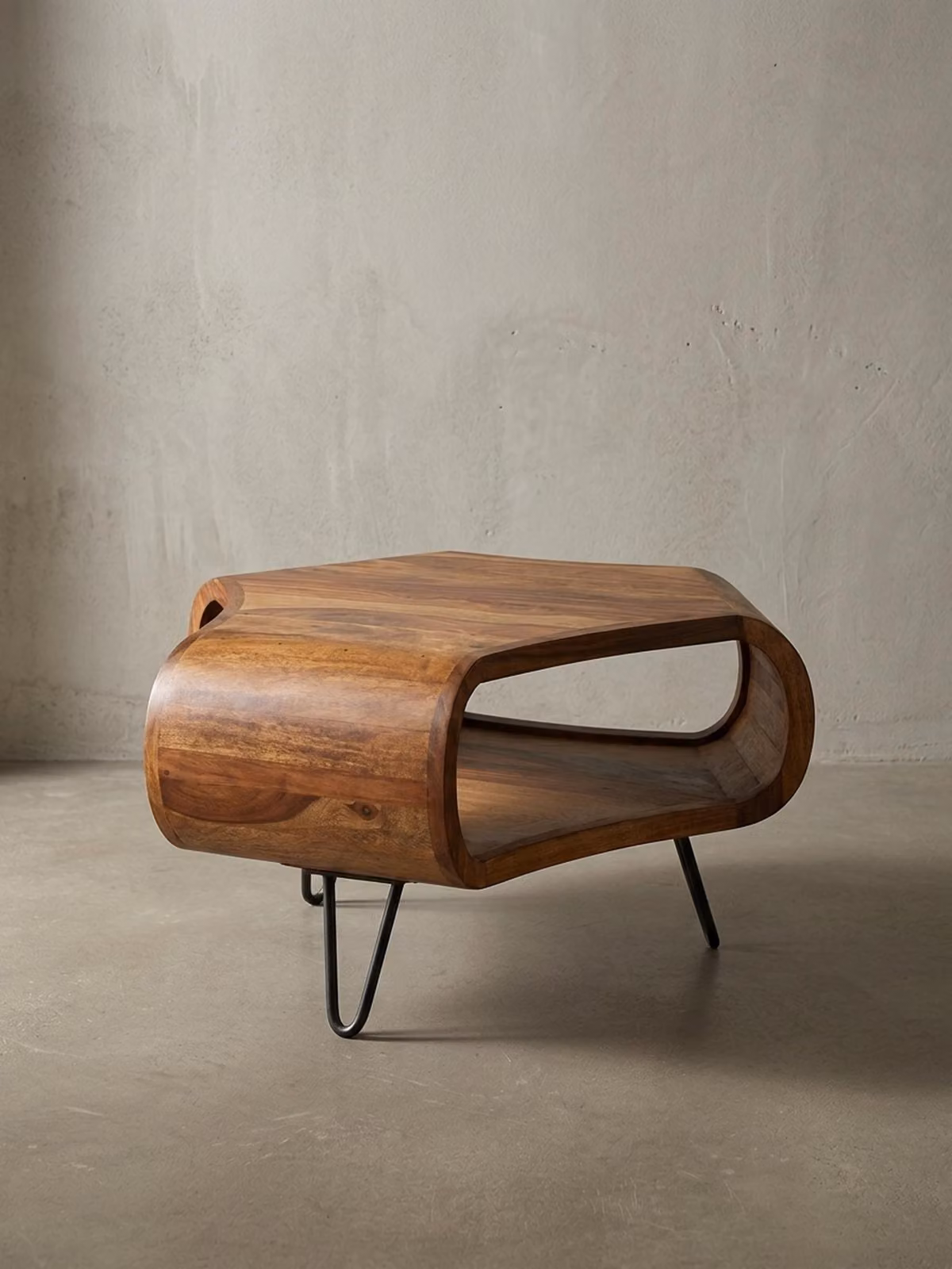 Tavolino WL5.603 in legno massello di sheesham 55 x 55 x 38 cm ripiano e struttura in metallo, tavolino da salotto retrò in legno massello marrone, tavolino da divano moderno in legno, tavolino con ripiano salotto