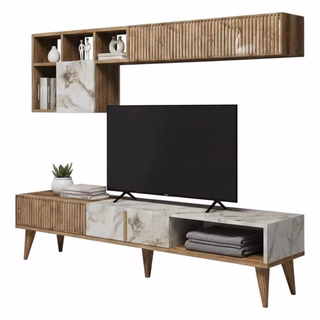 Parete attrezzata Ostro DMORA per soggiorno, mobile salotto moderno con armadio porta TV e mensole, L: 180 cm, P: 35 cm, H: 40 cm, Marrone e Bianco – 2