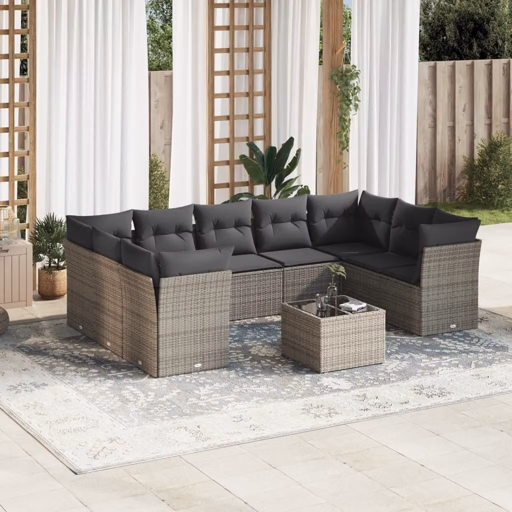 vidaXL Set Divano da Giardino 10 pz a L con Cuscini Grigio in Polyrattan e Acciaio – 1