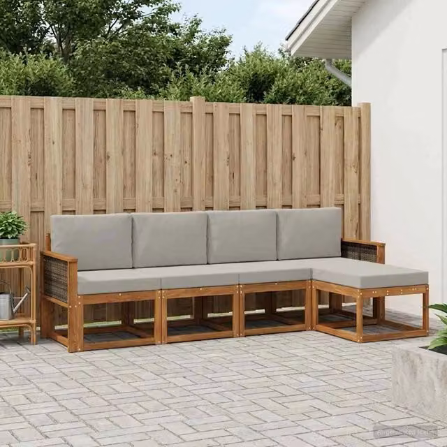 Set di divani da esterno a L con pouf vidaXL in legno di acacia, colore marrone e grigio chiaro