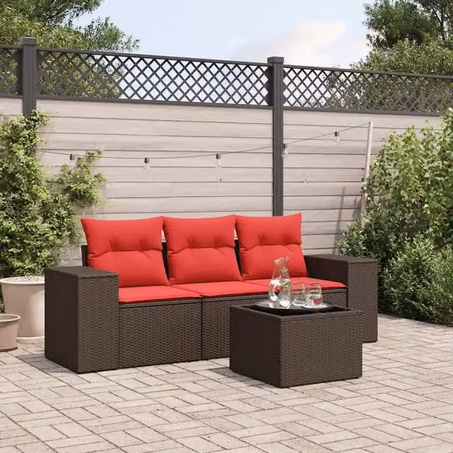 Set Divani da Giardino 4 pz con Cuscini Marrone in Polyrattan 3222273