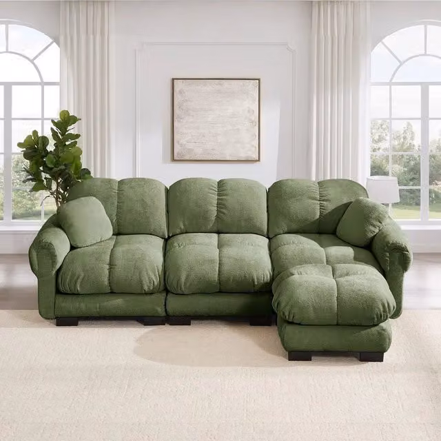 Divano angolare 3 posti verde ¨C Minimal ¨C Tessuto trapuntato con poggiapiedi e cuscini