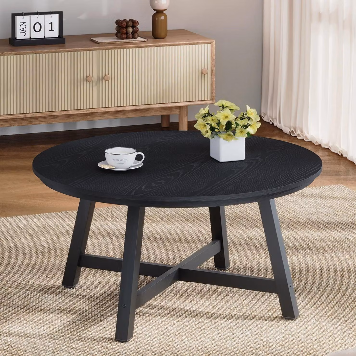 Tavolino industriale - Tavolino rotondo per soggiorno, diametro 91 cm - Piano del tavolo effetto legno - Gambe in metallo robuste - Piedini regolabili - Colore nero
