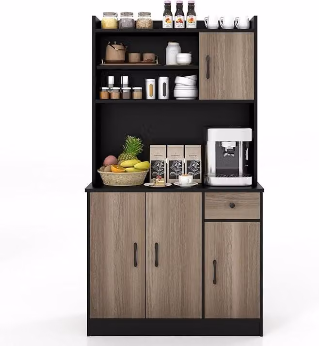 Mobile da cucina alto da 180 cm con piano di lavoro, mobiletto buffet con 4 ripiani regolabili e aperture per cavi, mobiletto alto per cucina, mobiletto contenitore per cucina, sala da pranzo e soggiorno (nero)