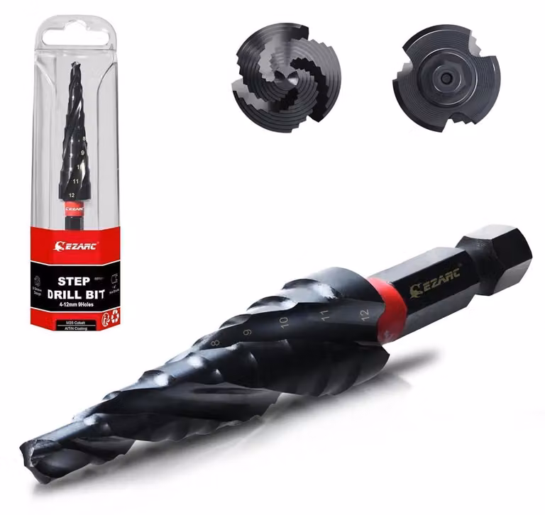 Trapano a tazza passo variabile, diametro 4-12 mm, in HSS con cobalto M35, rivestimento AlTiN, 9 gradazioni, per metallo, acciaio inossidabile, alluminio, legno e plastica