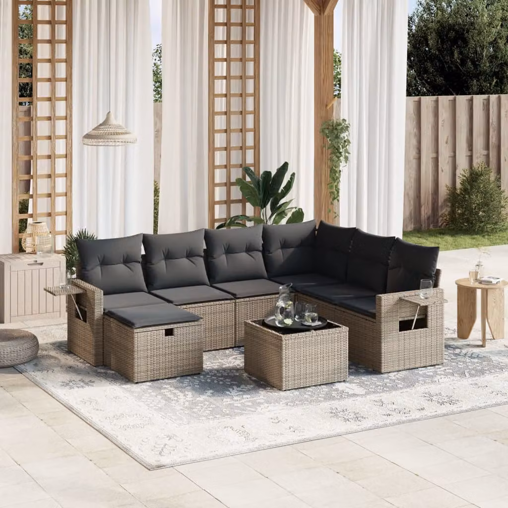 vidaXL Set Divano da Giardino a L 8 pz Grigio con Cuscini e Tavolino in Polyrattan e Acciaio – 1