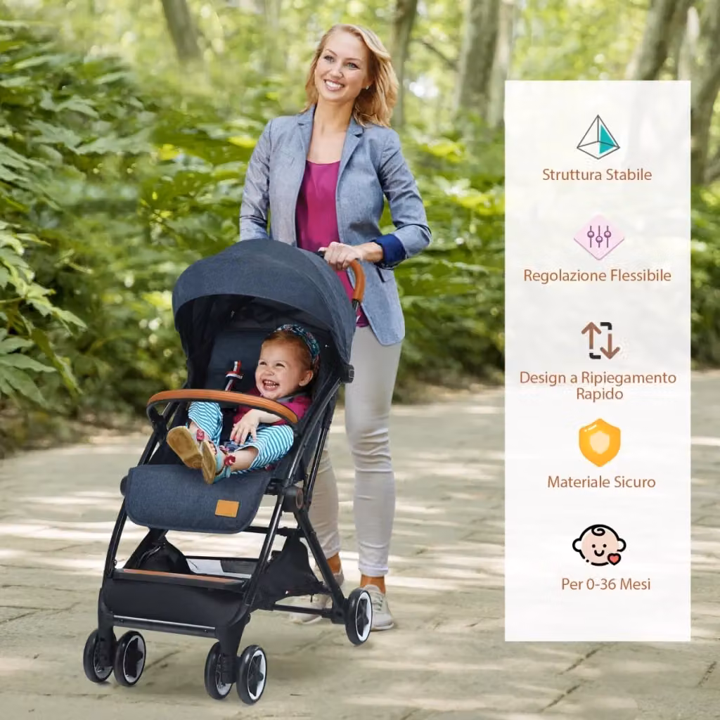 Passeggino pieghevole Design Mania blu con telaio in alluminio e ruote piroettanti – 2
