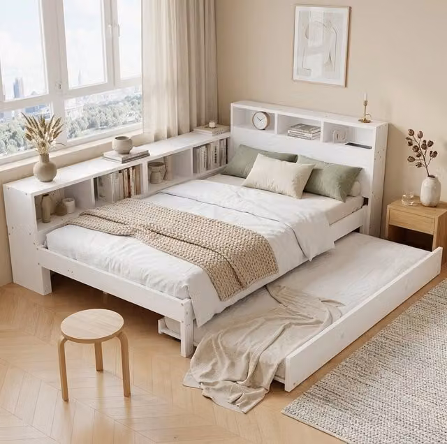 Letto in legno 120x200 cm con letto estraibile 90x190, scaffale e ricarica